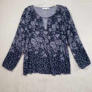 LOVE JOHNNY WAS Floral Velvet Burnout Blouse Women M Blue Silk Blend Boho Luxury